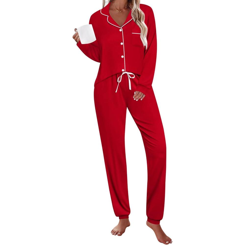 imageSWOMOG Womens Pajamas Set Long Sleeve Sleepwear Button Down Nightwear Soft Joggers PJs Sets with Pockets Lounge SetsRed