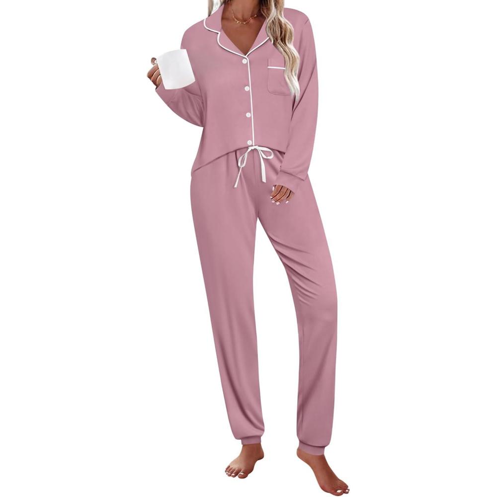 imageSWOMOG Womens Pajamas Set Long Sleeve Sleepwear Button Down Nightwear Soft Joggers PJs Sets with Pockets Lounge SetsTaro Purple