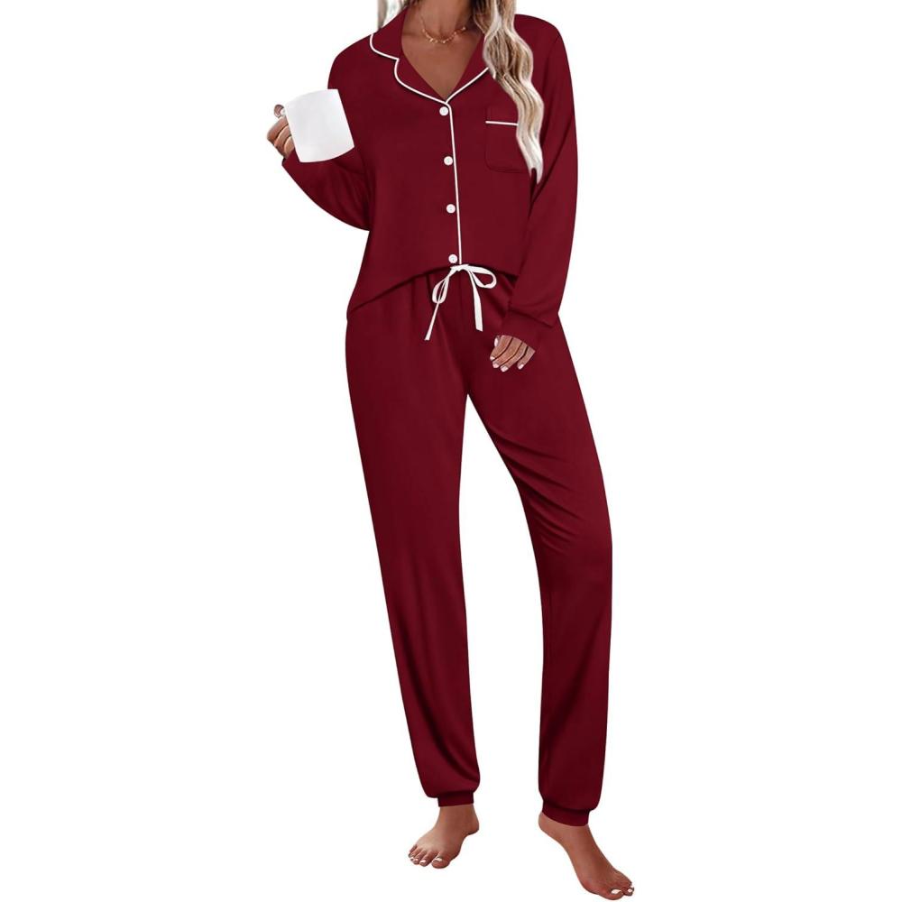 imageSWOMOG Womens Pajamas Set Long Sleeve Sleepwear Button Down Nightwear Soft Joggers PJs Sets with Pockets Lounge SetsWine Red