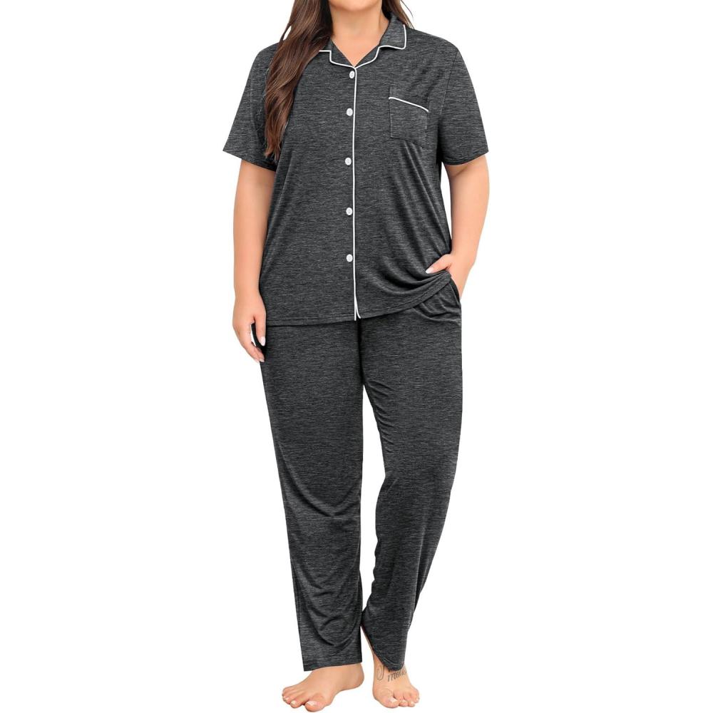 imageSWOMOG Womens Plus Size Pajama Set Short Sleeve Sleepwear Top and Pants Button Up Pajamas for Women LoungewearDeep Grey