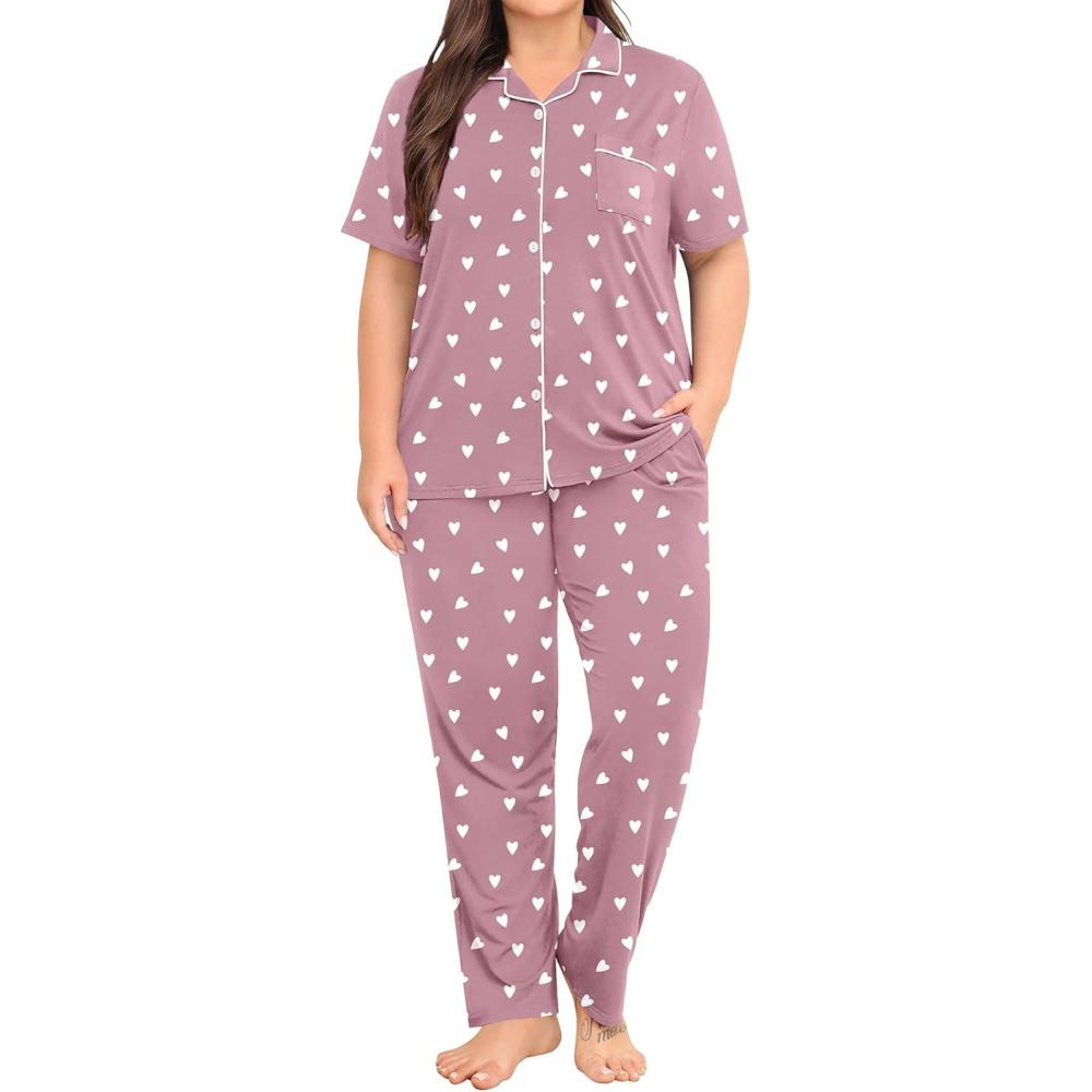 imageSWOMOG Womens Plus Size Pajama Set Short Sleeve Sleepwear Top and Pants Button Up Pajamas for Women LoungewearHeart