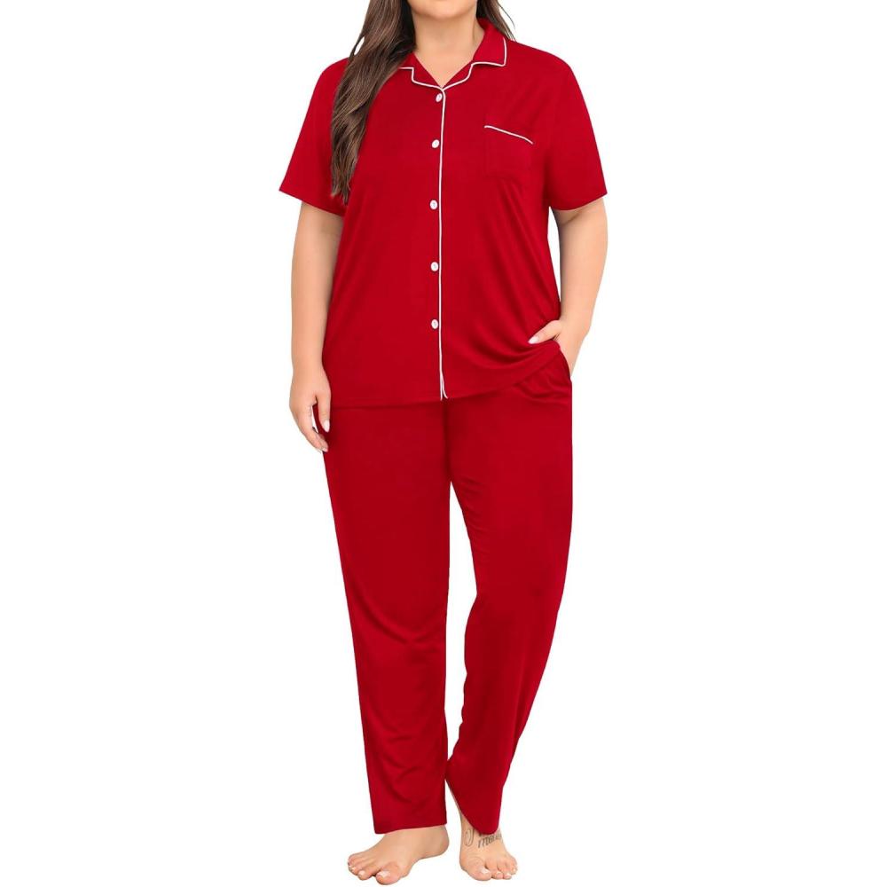 imageSWOMOG Womens Plus Size Pajama Set Short Sleeve Sleepwear Top and Pants Button Up Pajamas for Women LoungewearRed