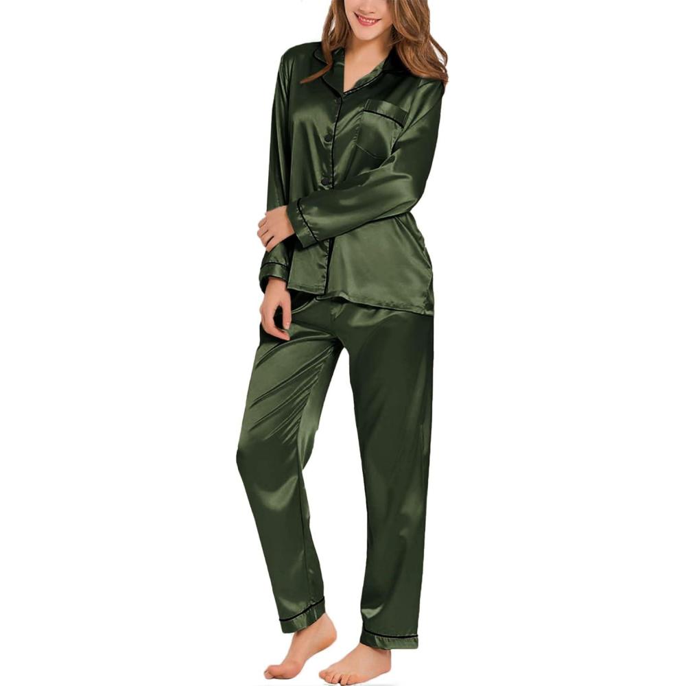 imageSWOMOG Womens Silk Satin Pajamas Set Long Sleeve Button Down Sleepwear 2 Piece Lounge Set Pj Set XS3XLArmy Green