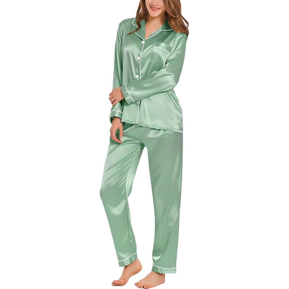 imageSWOMOG Womens Silk Satin Pajamas Set Long Sleeve Button Down Sleepwear 2 Piece Lounge Set Pj Set XS3XLAvocado Green