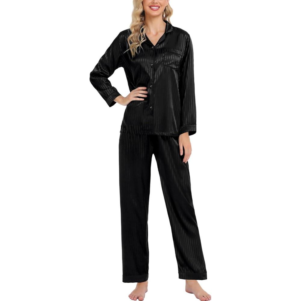 imageSWOMOG Womens Silk Satin Pajamas Set Long Sleeve Button Down Sleepwear 2 Piece Lounge Set Pj Set XS3XLBlack Pinstripes