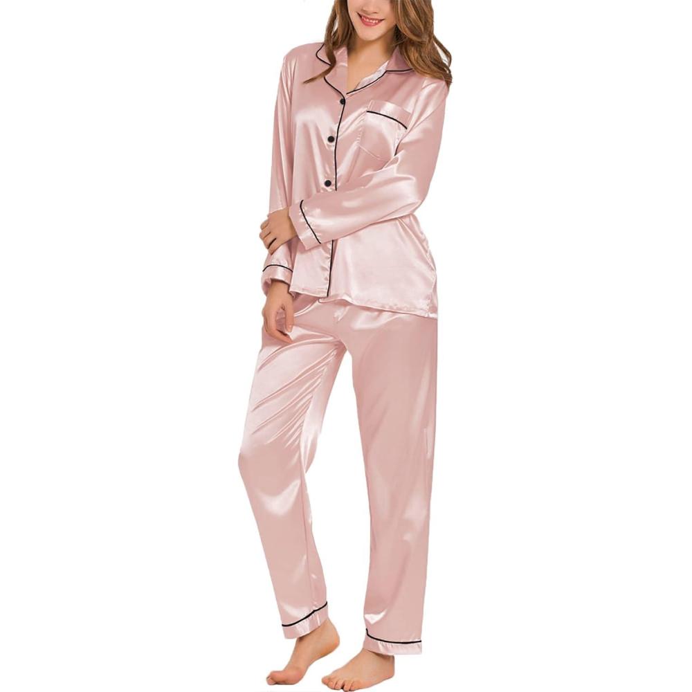 imageSWOMOG Womens Silk Satin Pajamas Set Long Sleeve Button Down Sleepwear 2 Piece Lounge Set Pj Set XS3XLBlush Pink