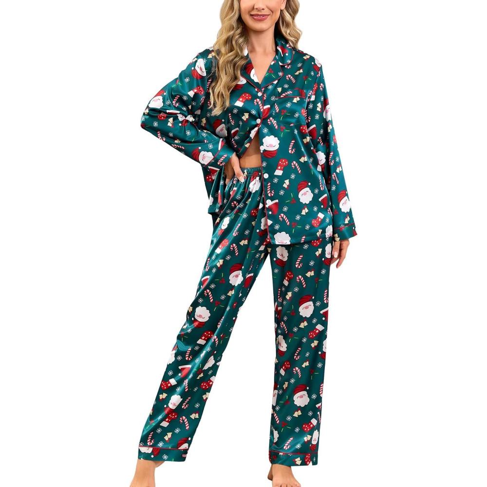imageSWOMOG Womens Silk Satin Pajamas Set Long Sleeve Button Down Sleepwear 2 Piece Lounge Set Pj Set XS3XLChristmas Delight Print