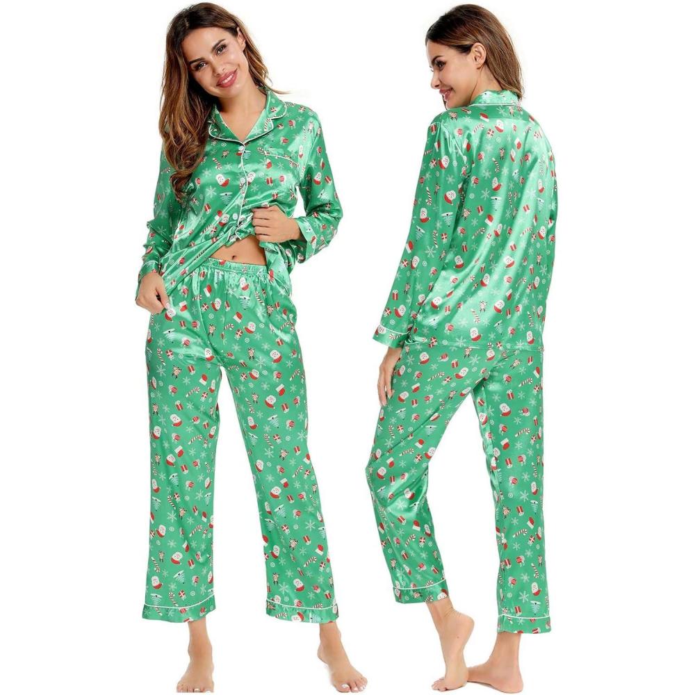 imageSWOMOG Womens Silk Satin Pajamas Set Long Sleeve Button Down Sleepwear 2 Piece Lounge Set Pj Set XS3XLChristmas Gift Green