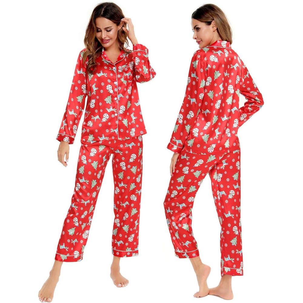 imageSWOMOG Womens Silk Satin Pajamas Set Long Sleeve Button Down Sleepwear 2 Piece Lounge Set Pj Set XS3XLChristmas Gift Red