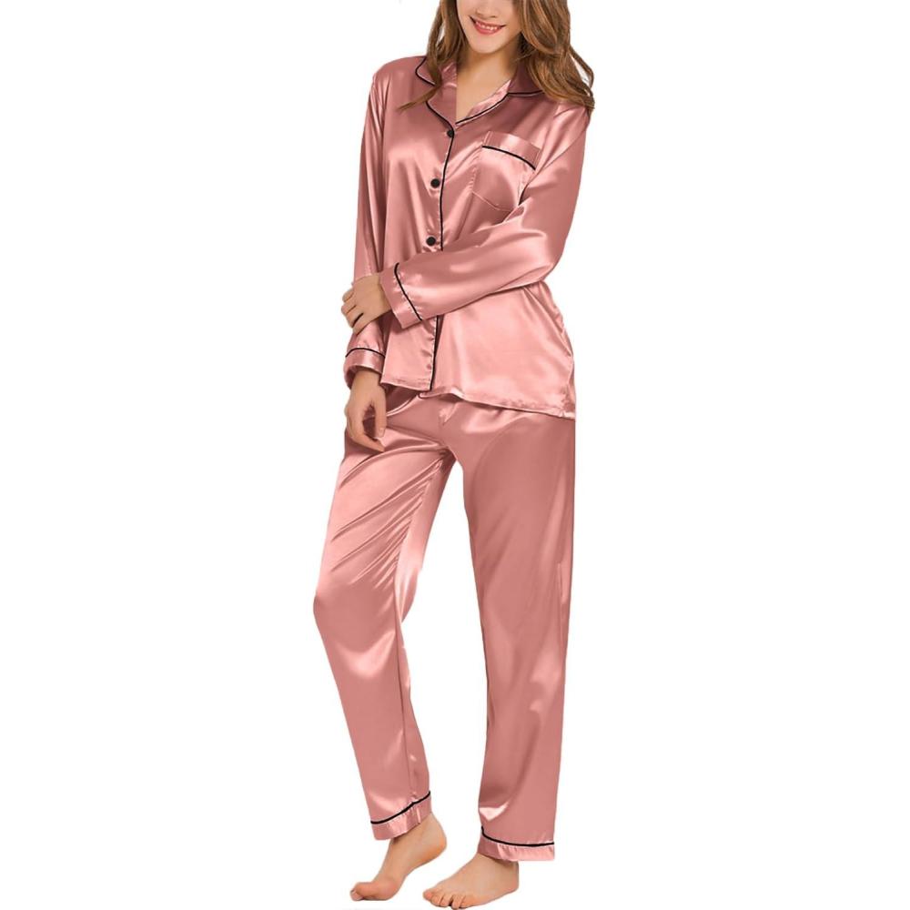 imageSWOMOG Womens Silk Satin Pajamas Set Long Sleeve Button Down Sleepwear 2 Piece Lounge Set Pj Set XS3XLDeep Misty Rose