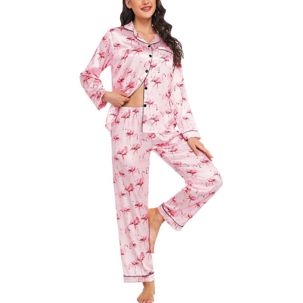 imageSWOMOG Womens Silk Satin Pajamas Set Long Sleeve Button Down Sleepwear 2 Piece Lounge Set Pj Set XS3XLFlamingo Pink