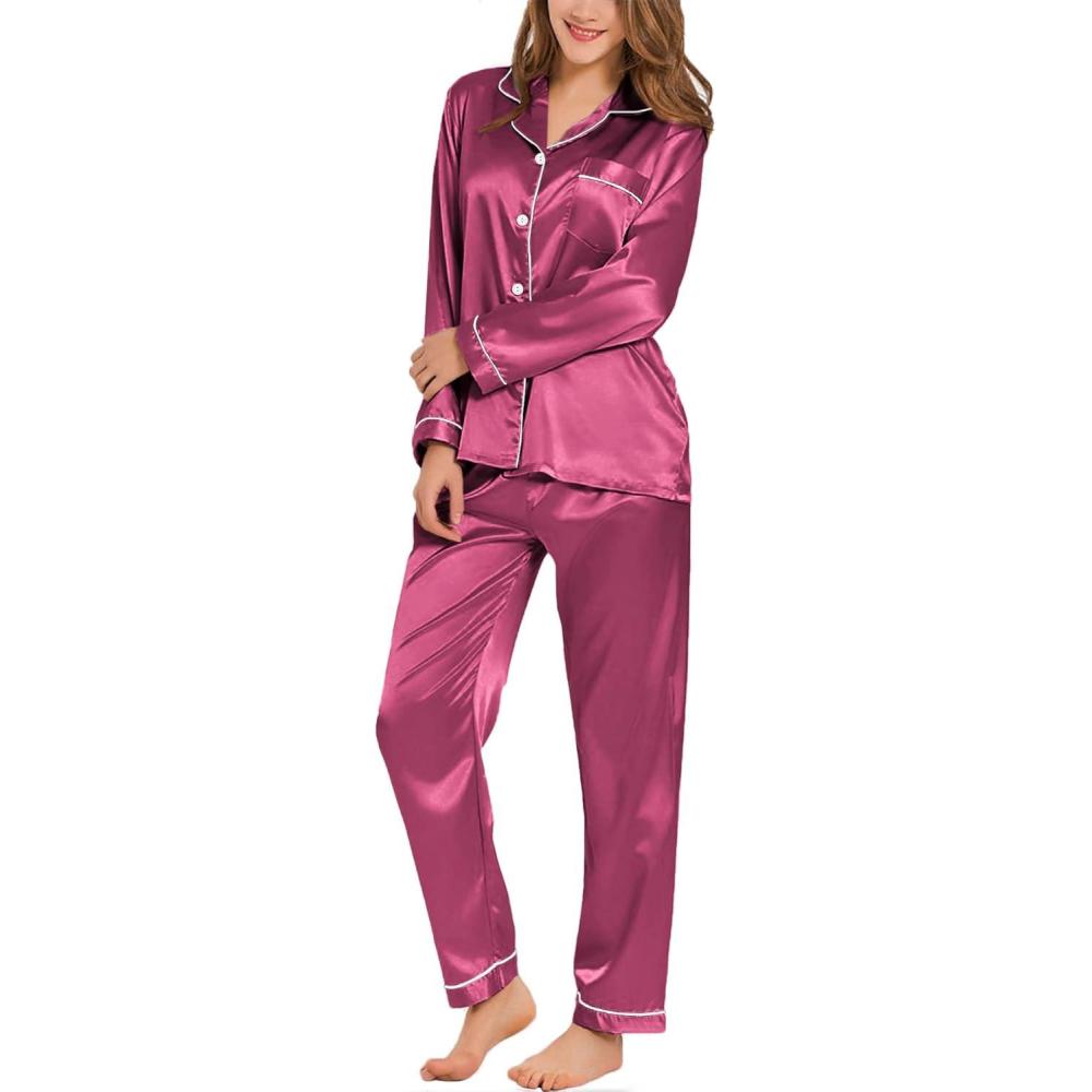 imageSWOMOG Womens Silk Satin Pajamas Set Long Sleeve Button Down Sleepwear 2 Piece Lounge Set Pj Set XS3XLGrapefruit