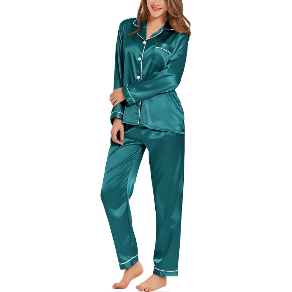 imageSWOMOG Womens Silk Satin Pajamas Set Long Sleeve Button Down Sleepwear 2 Piece Lounge Set Pj Set XS3XLGreen