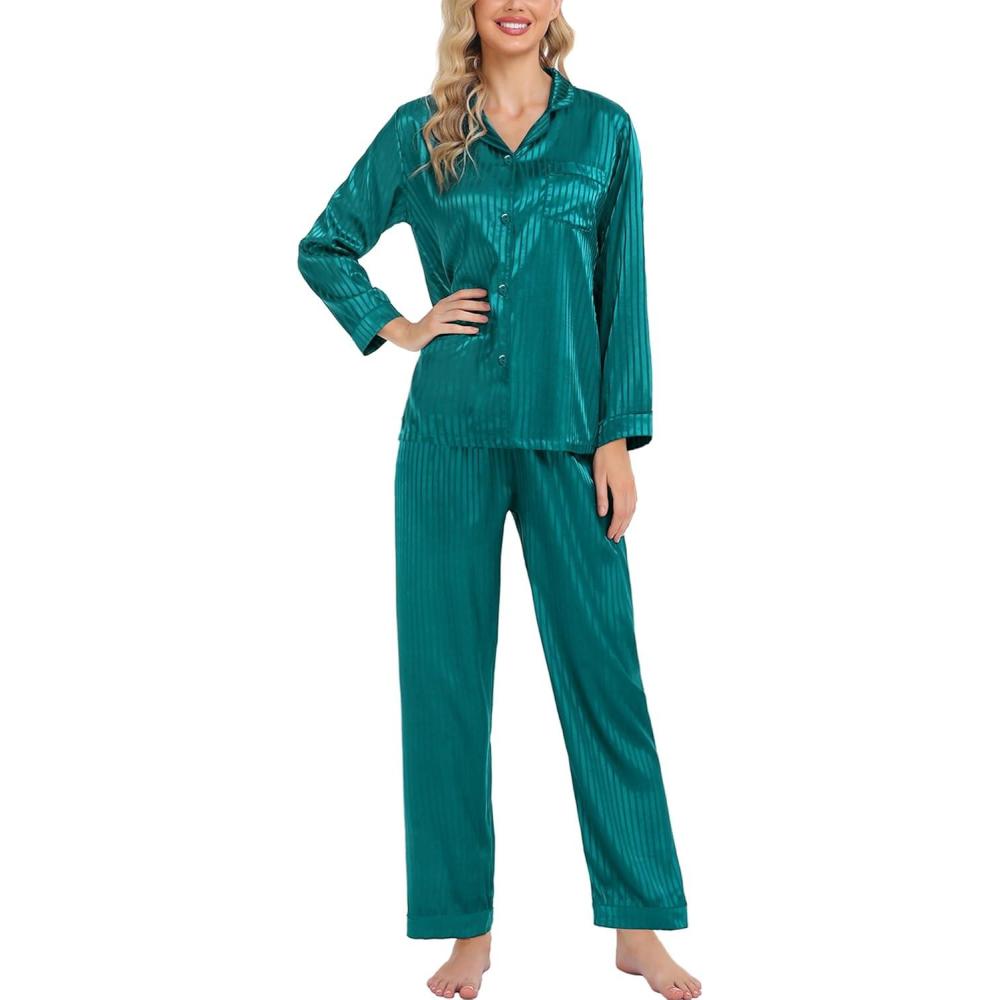 imageSWOMOG Womens Silk Satin Pajamas Set Long Sleeve Button Down Sleepwear 2 Piece Lounge Set Pj Set XS3XLGreen Pinstripes