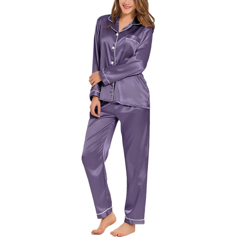 imageSWOMOG Womens Silk Satin Pajamas Set Long Sleeve Button Down Sleepwear 2 Piece Lounge Set Pj Set XS3XLGrey Purple