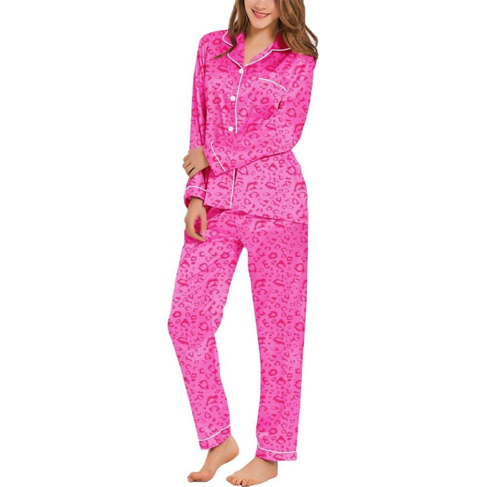 imageSWOMOG Womens Silk Satin Pajamas Set Long Sleeve Button Down Sleepwear 2 Piece Lounge Set Pj Set XS3XLHot Pink Leopard