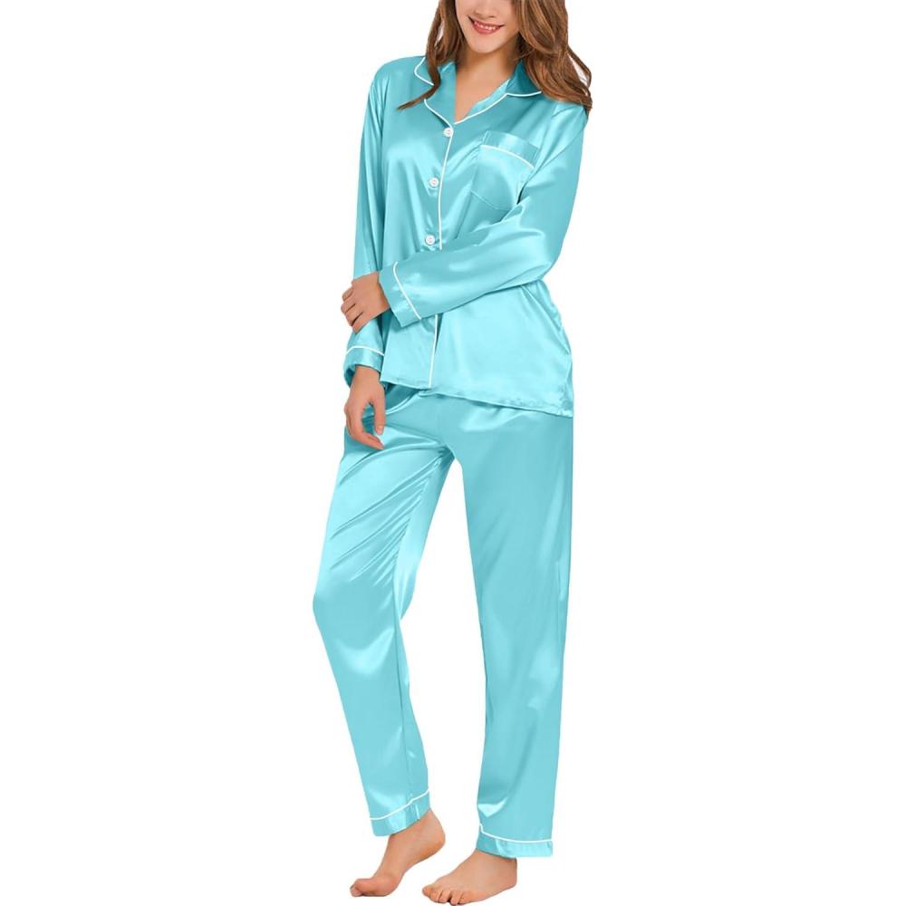 imageSWOMOG Womens Silk Satin Pajamas Set Long Sleeve Button Down Sleepwear 2 Piece Lounge Set Pj Set XS3XLLake Blue