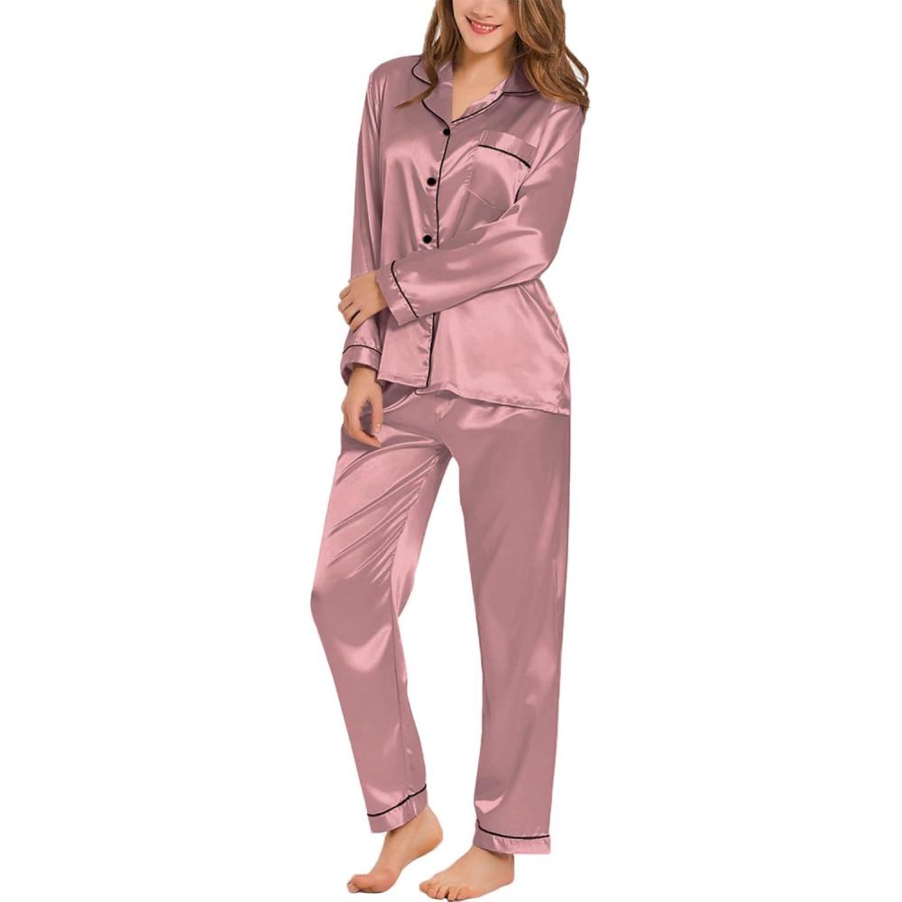 imageSWOMOG Womens Silk Satin Pajamas Set Long Sleeve Button Down Sleepwear 2 Piece Lounge Set Pj Set XS3XLMisty Rose