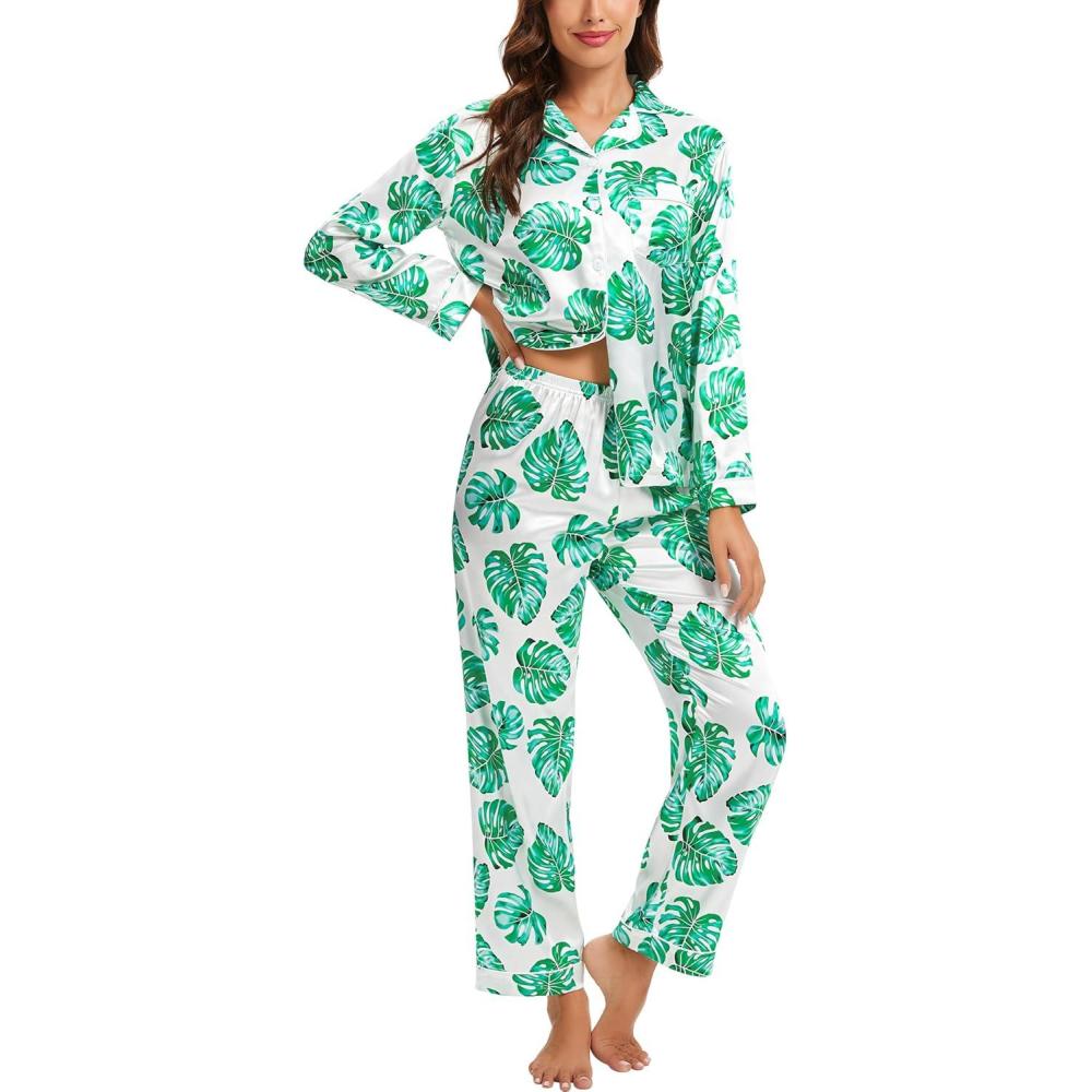 imageSWOMOG Womens Silk Satin Pajamas Set Long Sleeve Button Down Sleepwear 2 Piece Lounge Set Pj Set XS3XLMonstera Leaf