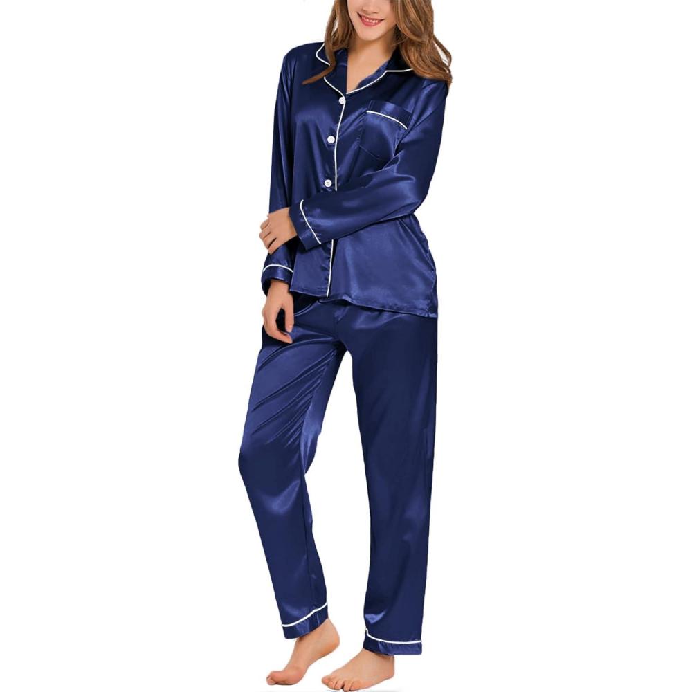 imageSWOMOG Womens Silk Satin Pajamas Set Long Sleeve Button Down Sleepwear 2 Piece Lounge Set Pj Set XS3XLNavy Blue