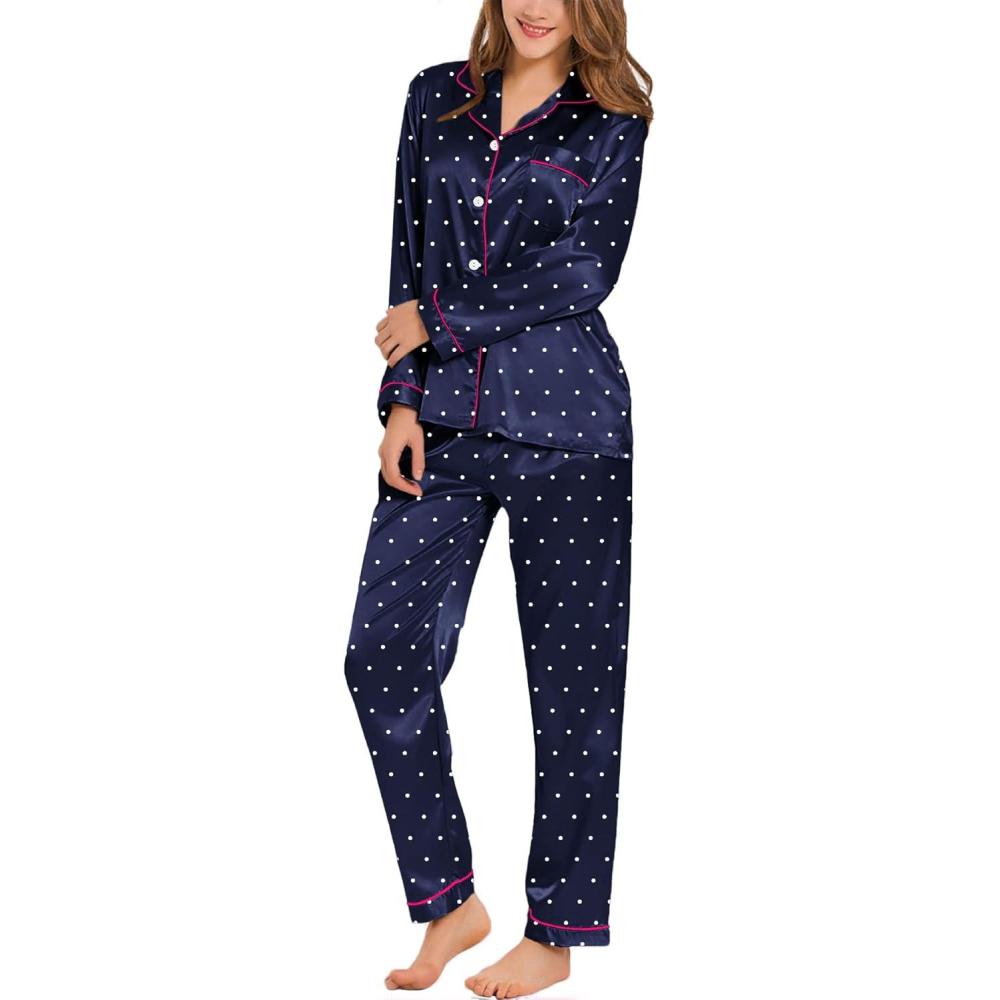 imageSWOMOG Womens Silk Satin Pajamas Set Long Sleeve Button Down Sleepwear 2 Piece Lounge Set Pj Set XS3XLNavy Blue Dots