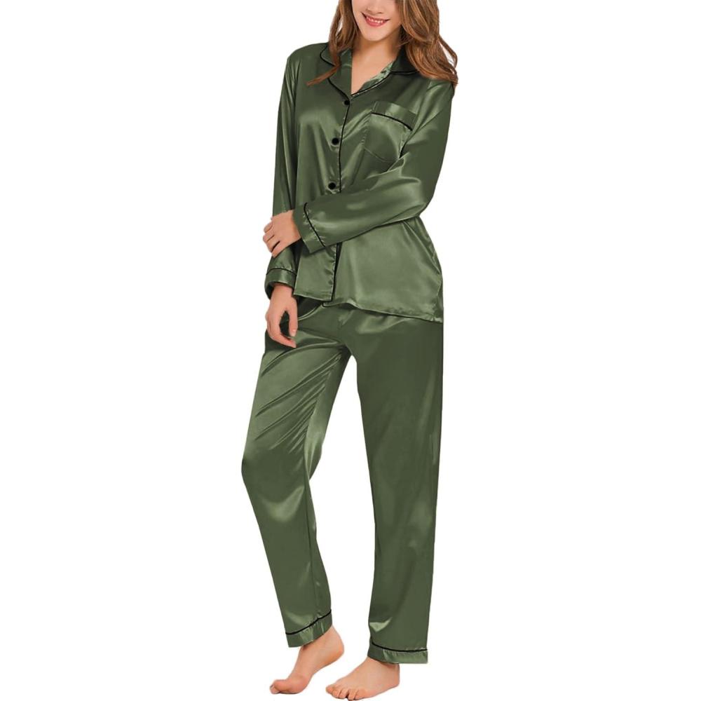 imageSWOMOG Womens Silk Satin Pajamas Set Long Sleeve Button Down Sleepwear 2 Piece Lounge Set Pj Set XS3XLOlive Green