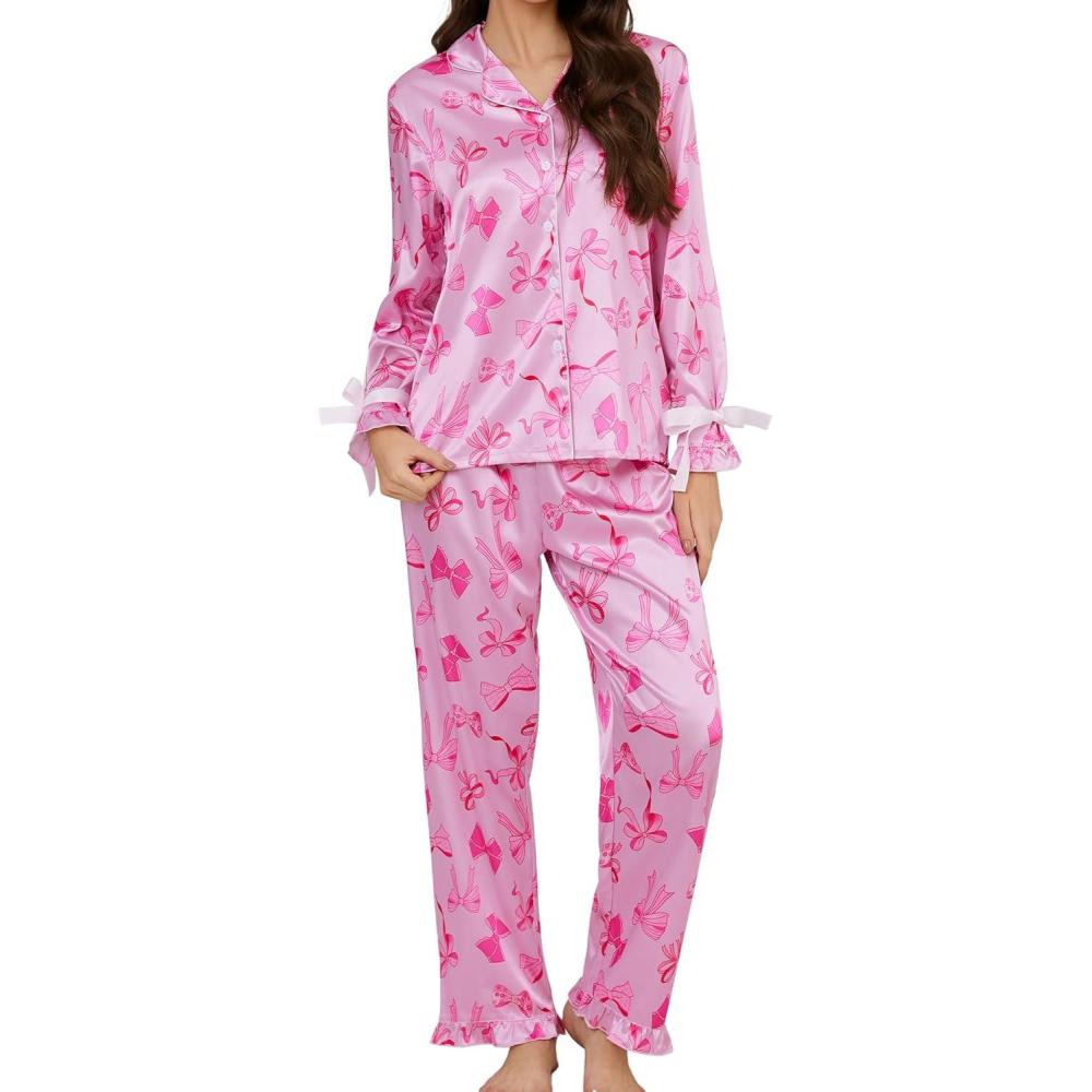imageSWOMOG Womens Silk Satin Pajamas Set Long Sleeve Button Down Sleepwear 2 Piece Lounge Set Pj Set XS3XLPink Bow With Bow Tie