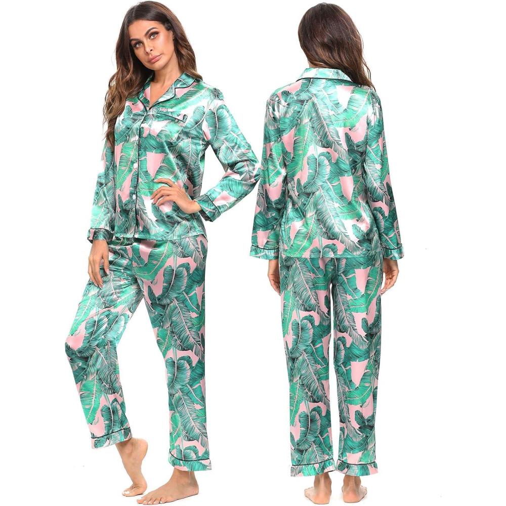 imageSWOMOG Womens Silk Satin Pajamas Set Long Sleeve Button Down Sleepwear 2 Piece Lounge Set Pj Set XS3XLPink Leaves