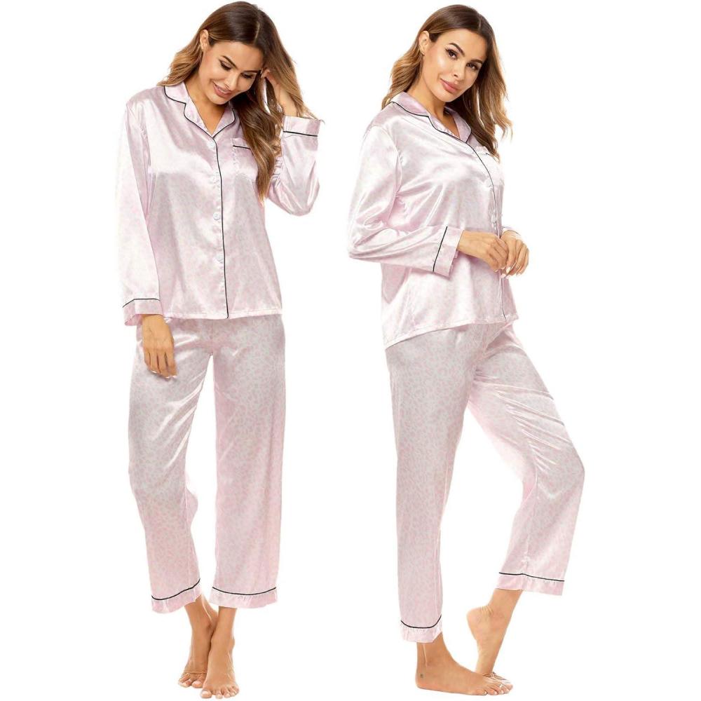 imageSWOMOG Womens Silk Satin Pajamas Set Long Sleeve Button Down Sleepwear 2 Piece Lounge Set Pj Set XS3XLPink Leopard
