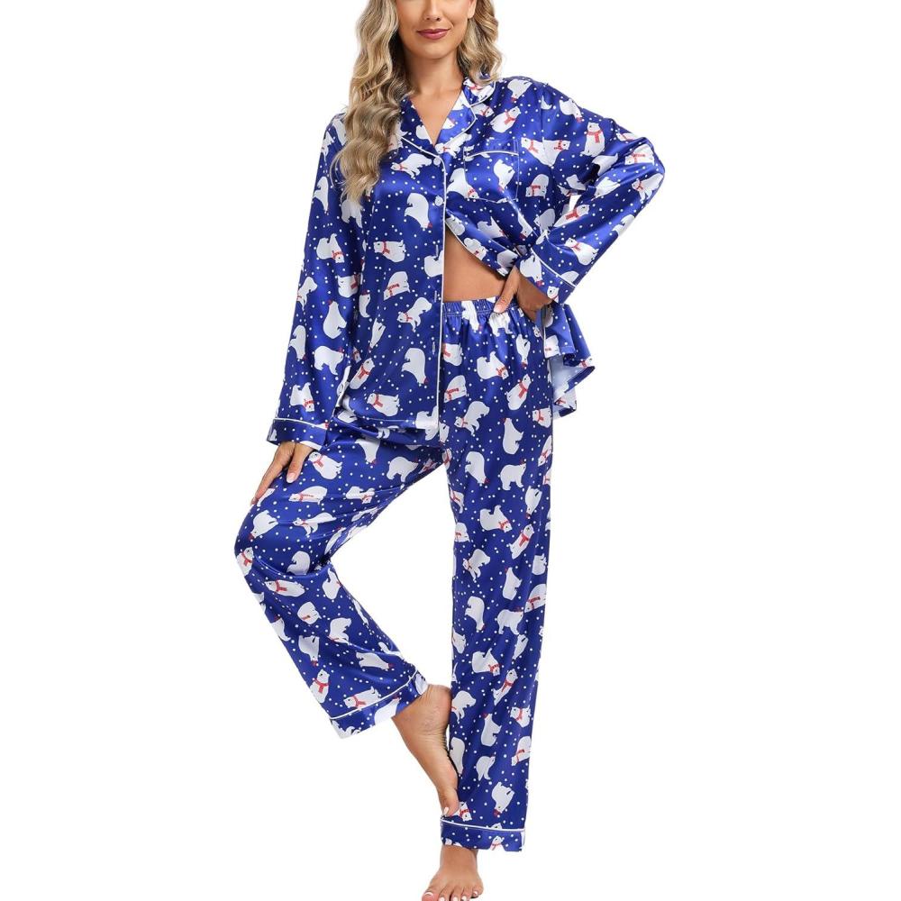 imageSWOMOG Womens Silk Satin Pajamas Set Long Sleeve Button Down Sleepwear 2 Piece Lounge Set Pj Set XS3XLPolar Bear Blue