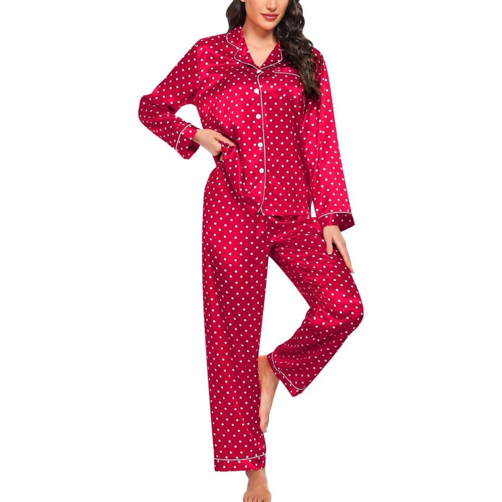 imageSWOMOG Womens Silk Satin Pajamas Set Long Sleeve Button Down Sleepwear 2 Piece Lounge Set Pj Set XS3XLRed Dots