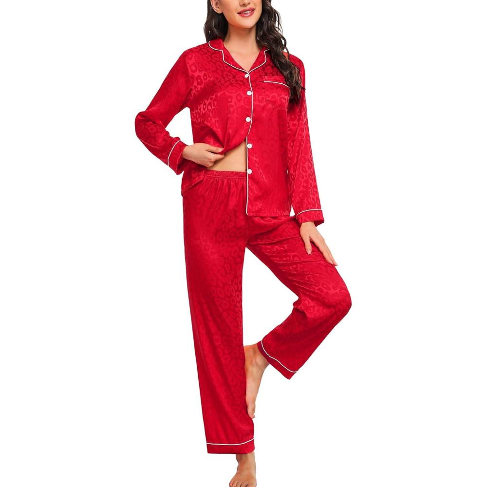imageSWOMOG Womens Silk Satin Pajamas Set Long Sleeve Button Down Sleepwear 2 Piece Lounge Set Pj Set XS3XLRed Leopard