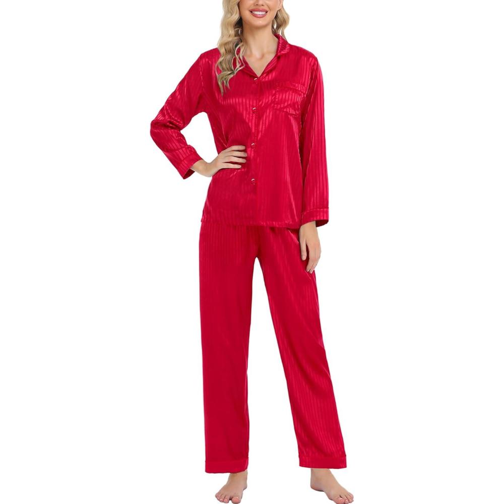 imageSWOMOG Womens Silk Satin Pajamas Set Long Sleeve Button Down Sleepwear 2 Piece Lounge Set Pj Set XS3XLRed Pinstripes