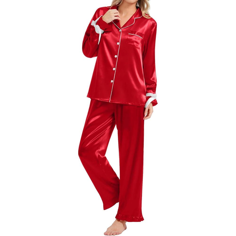 imageSWOMOG Womens Silk Satin Pajamas Set Long Sleeve Button Down Sleepwear 2 Piece Lounge Set Pj Set XS3XLRed With Bow Tie