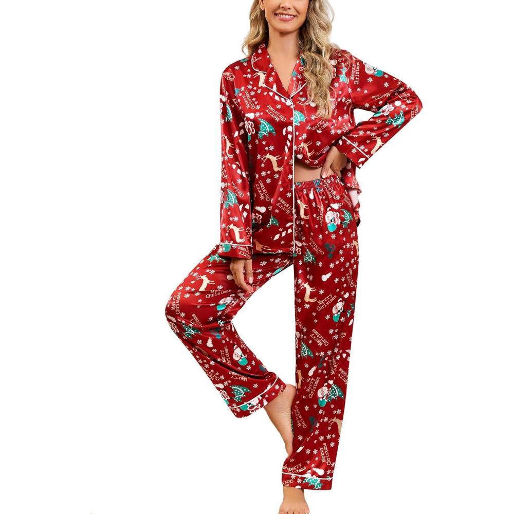 imageSWOMOG Womens Silk Satin Pajamas Set Long Sleeve Button Down Sleepwear 2 Piece Lounge Set Pj Set XS3XLSantas Red Festive Print