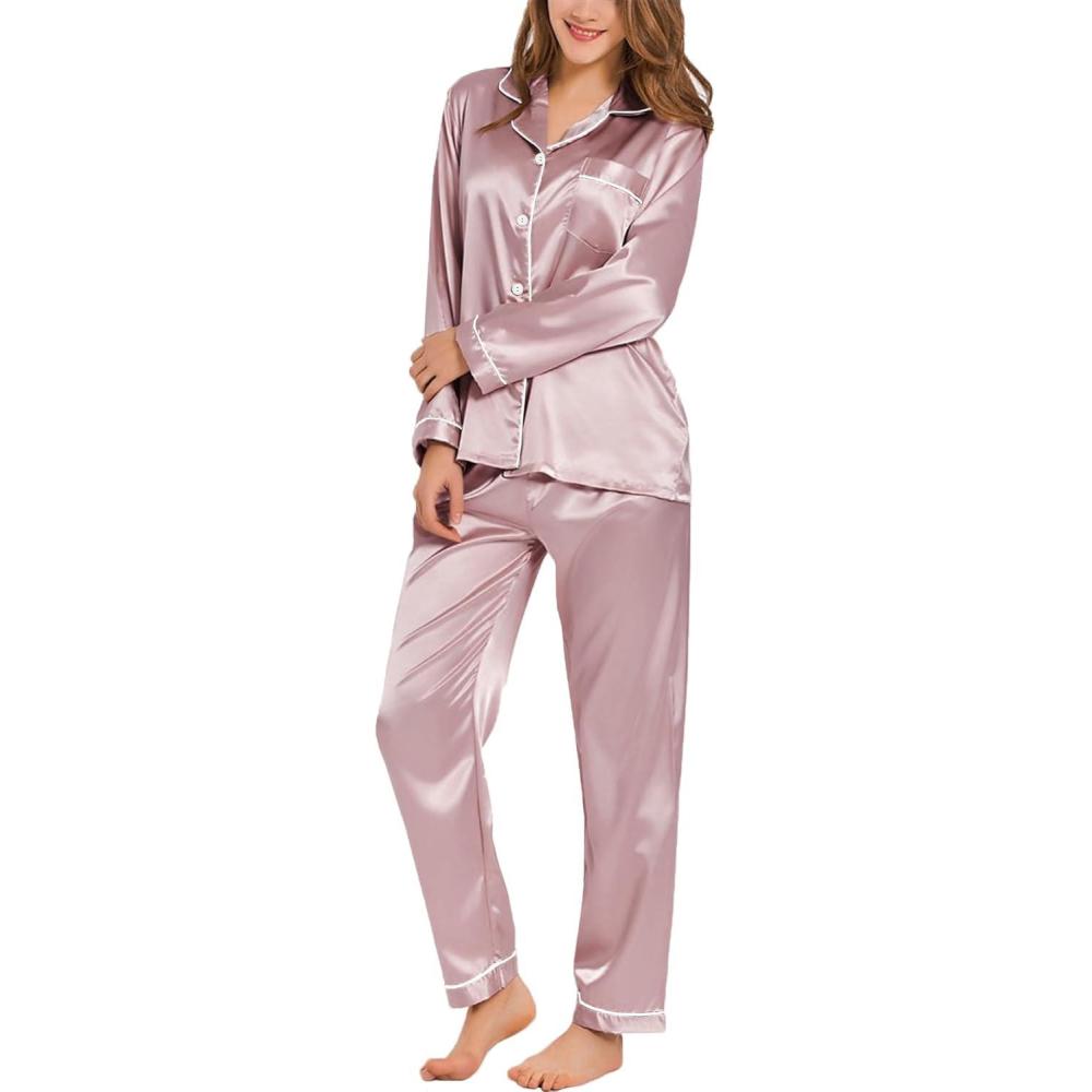 imageSWOMOG Womens Silk Satin Pajamas Set Long Sleeve Button Down Sleepwear 2 Piece Lounge Set Pj Set XS3XLShimmering Blush