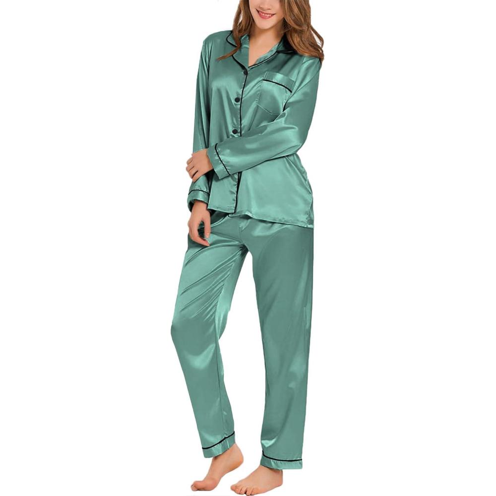 imageSWOMOG Womens Silk Satin Pajamas Set Long Sleeve Button Down Sleepwear 2 Piece Lounge Set Pj Set XS3XLSmog Green