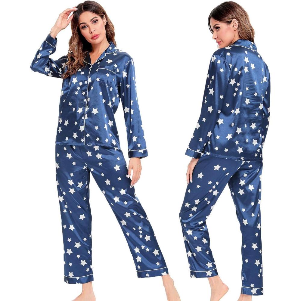 imageSWOMOG Womens Silk Satin Pajamas Set Long Sleeve Button Down Sleepwear 2 Piece Lounge Set Pj Set XS3XLStar Navy Blue