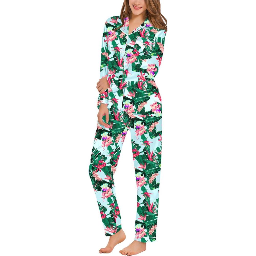 imageSWOMOG Womens Silk Satin Pajamas Set Long Sleeve Button Down Sleepwear 2 Piece Lounge Set Pj Set XS3XLTropical Floral Print