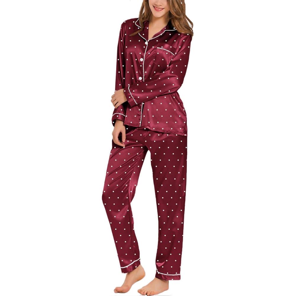 imageSWOMOG Womens Silk Satin Pajamas Set Long Sleeve Button Down Sleepwear 2 Piece Lounge Set Pj Set XS3XLWine Red Dots