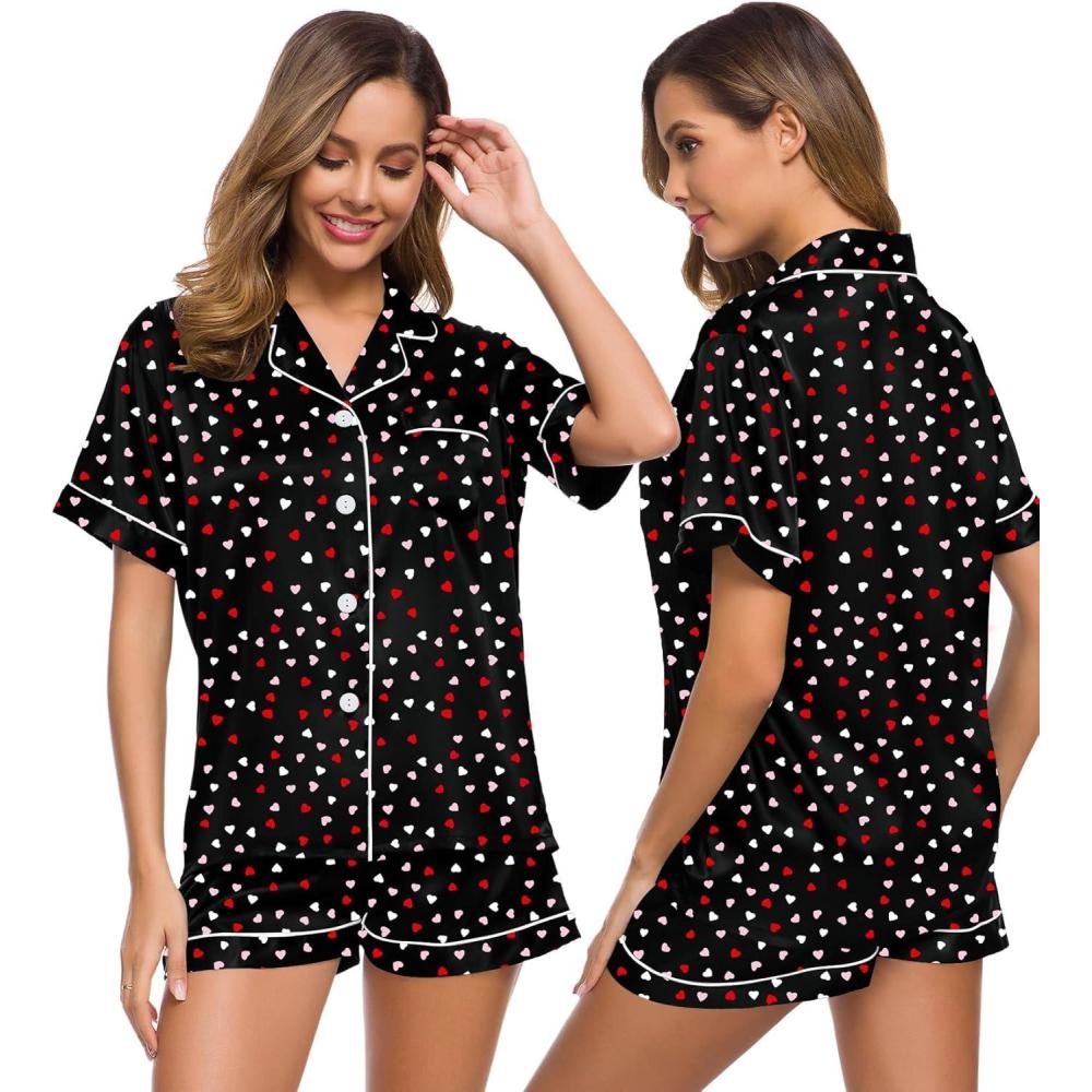 imageSWOMOG Womens Silk Satin Pajamas Set Short Sleeve Sleepwear Button Down Top and Shorts Loungewear 2 Piece Pjs Set XS3XLHeart Collage White Piping Buttons