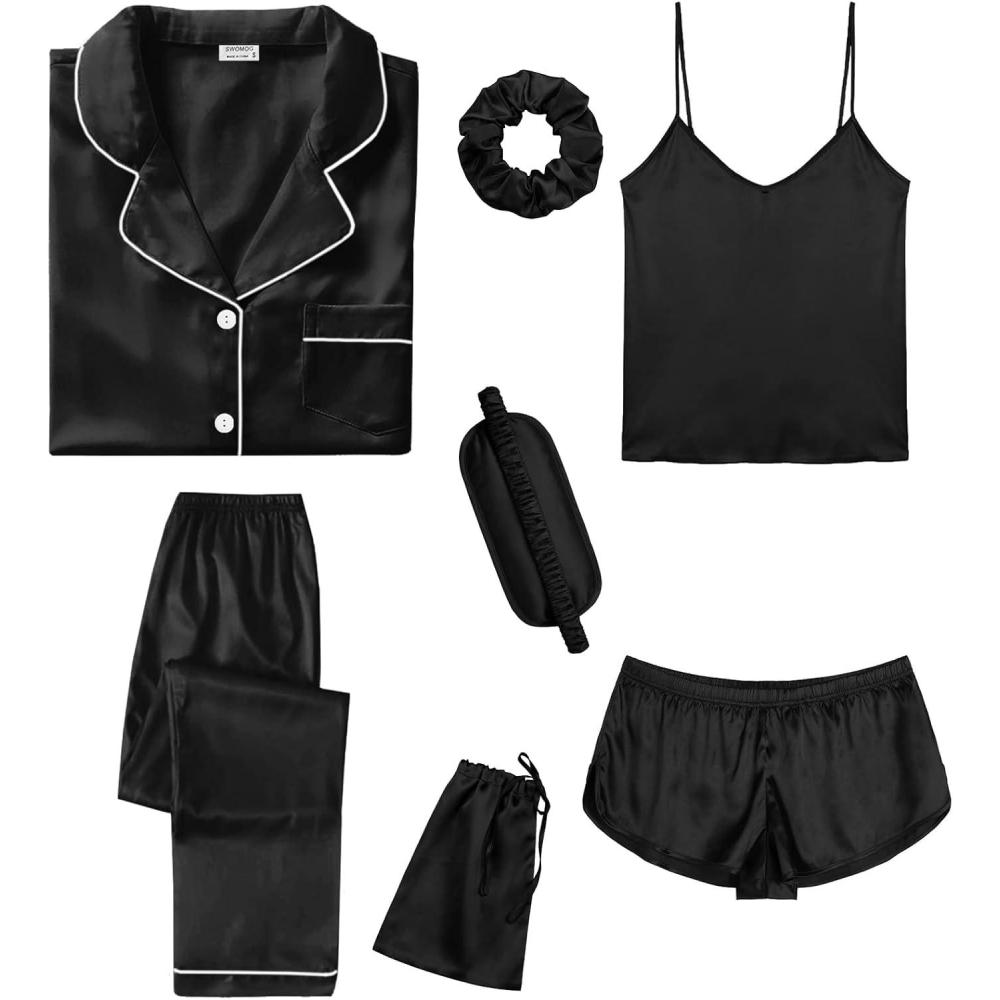 imageSWOMOG Womens Silk Satin Pajamas Sets 7pcs Sleepwear Sexy Cami Shorts Set and Button Down Short Sleeve Satin PjsBlack