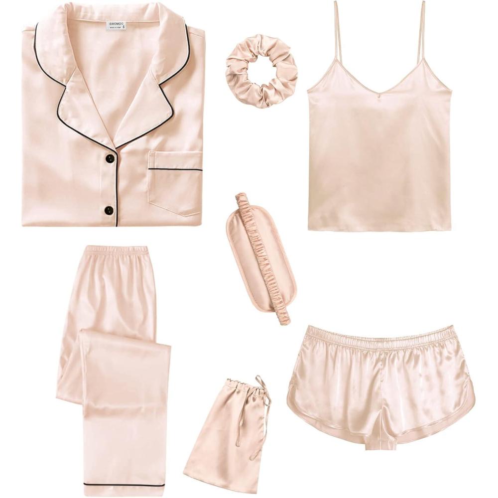 imageSWOMOG Womens Silk Satin Pajamas Sets 7pcs Sleepwear Sexy Cami Shorts Set and Button Down Short Sleeve Satin PjsChampagne