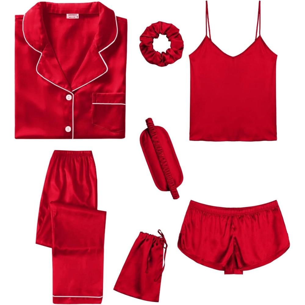 imageSWOMOG Womens Silk Satin Pajamas Sets 7pcs Sleepwear Sexy Cami Shorts Set and Button Down Short Sleeve Satin PjsChristmas Red