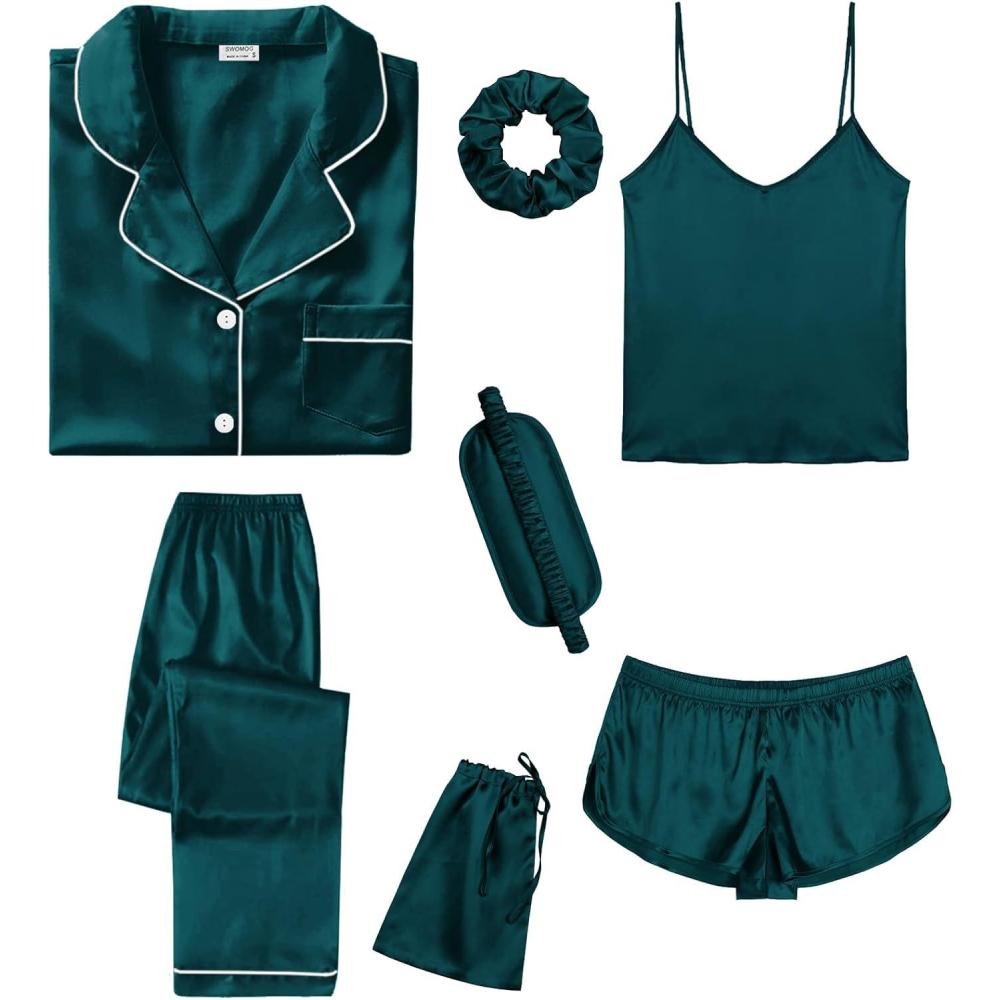 imageSWOMOG Womens Silk Satin Pajamas Sets 7pcs Sleepwear Sexy Cami Shorts Set and Button Down Short Sleeve Satin PjsDeep Green
