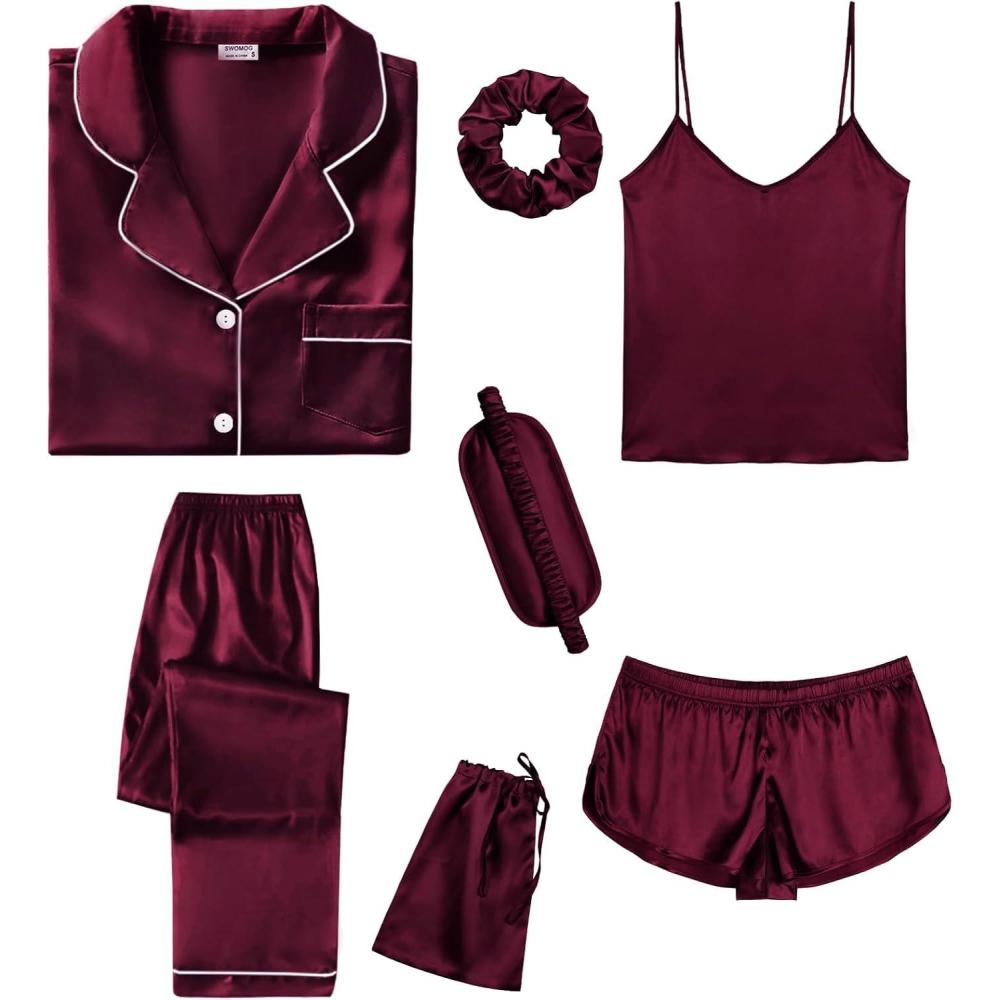 imageSWOMOG Womens Silk Satin Pajamas Sets 7pcs Sleepwear Sexy Cami Shorts Set and Button Down Short Sleeve Satin PjsDeep Wine Red