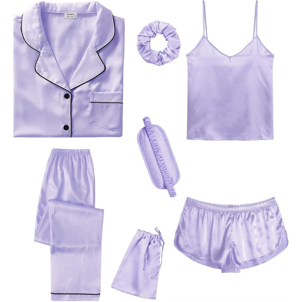 imageSWOMOG Womens Silk Satin Pajamas Sets 7pcs Sleepwear Sexy Cami Shorts Set and Button Down Short Sleeve Satin PjsLavender