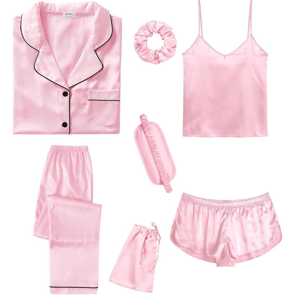 imageSWOMOG Womens Silk Satin Pajamas Sets 7pcs Sleepwear Sexy Cami Shorts Set and Button Down Short Sleeve Satin PjsPink