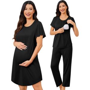SWOMOG 3PCS Maternity Nursing Nightgown & Pajamas Set Short Sleeve Pjs for Breastfeeding Hospital Pregnancy Lounge Sets(Black)