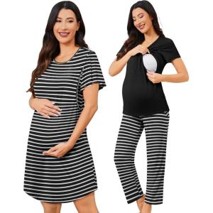 SWOMOG 3PCS Maternity Nursing Nightgown & Pajamas Set Short Sleeve Pjs for Breastfeeding Hospital Pregnancy Lounge Sets(Black Stripes)
